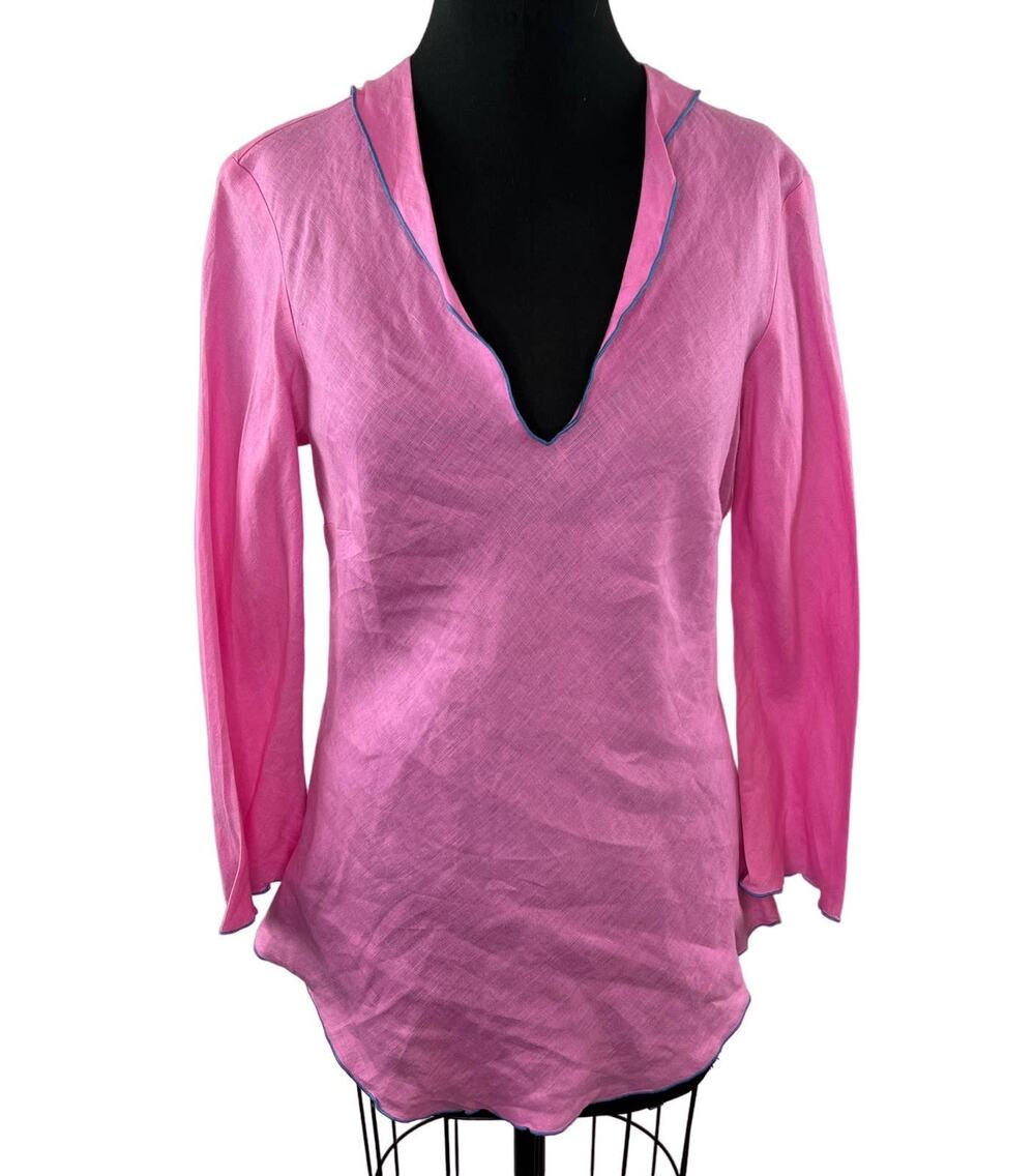 The Top of Nantucket Pink Long Sleeve Contrast Trim V-Neck 100% Linen Top Size M